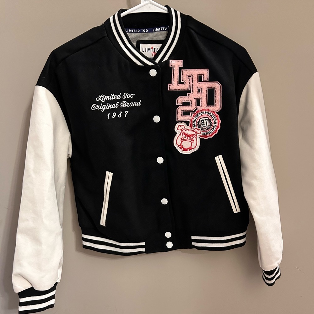 Limited Too girls’ Black and White Varsity Jacket with Pink Accents